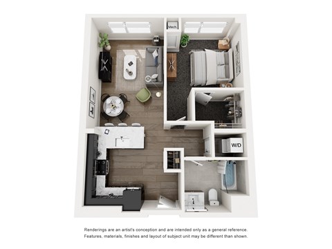 Floor plan for 1 bed, 1 bath, 740 sqft